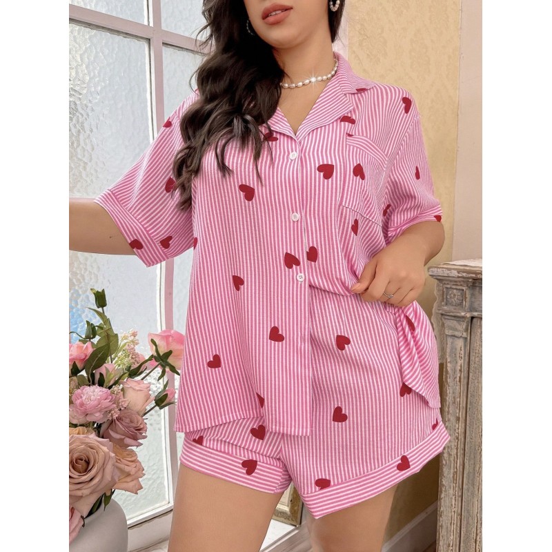 Pyjama grandes tailles rayé rose & cœurs | FeelFine