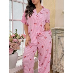 Pyjama long grandes tailles rayé rose & cœurs | FeelFine