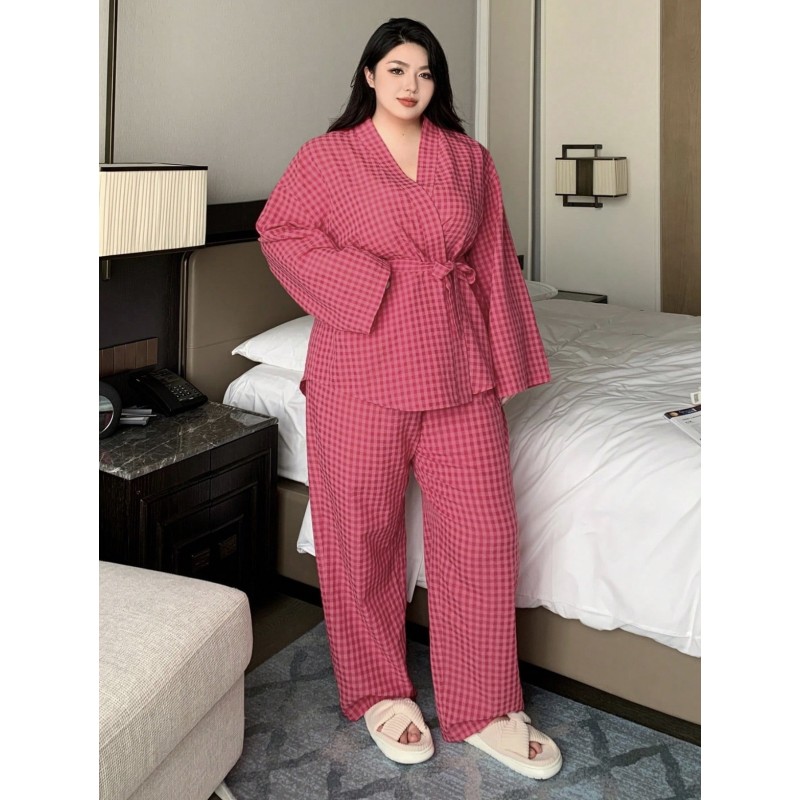 Pyjama long grandes tailles carreaux rose foncé | FeelFine